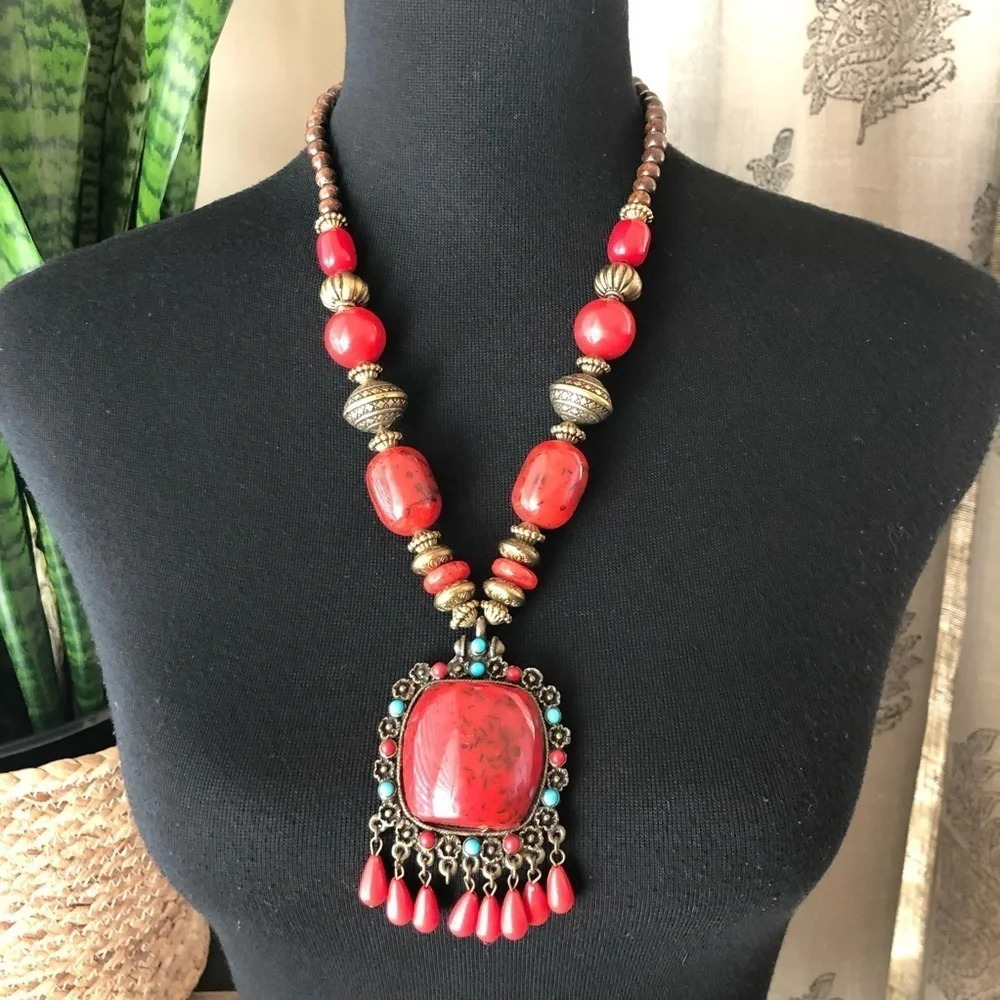 Red Faux Stone Wooden Bead Gold Statement Necklace Boho Tribal Missing Stone 22”